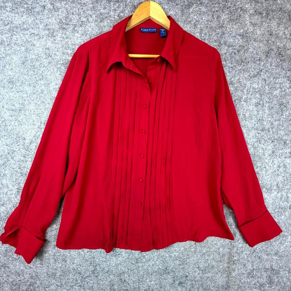 Vintage Karen Scott Blouse Top Women XL Red Flowy Pleated Secretary Office Siren